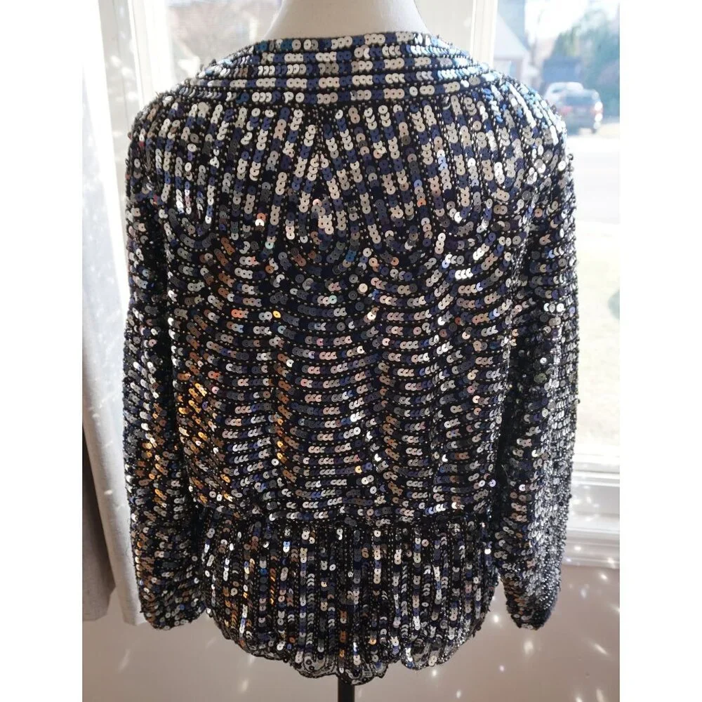 Prima Black Sequin Long Sleeve V-Neck Top With Scalloped Hem - Size M - Picture 3 of 8